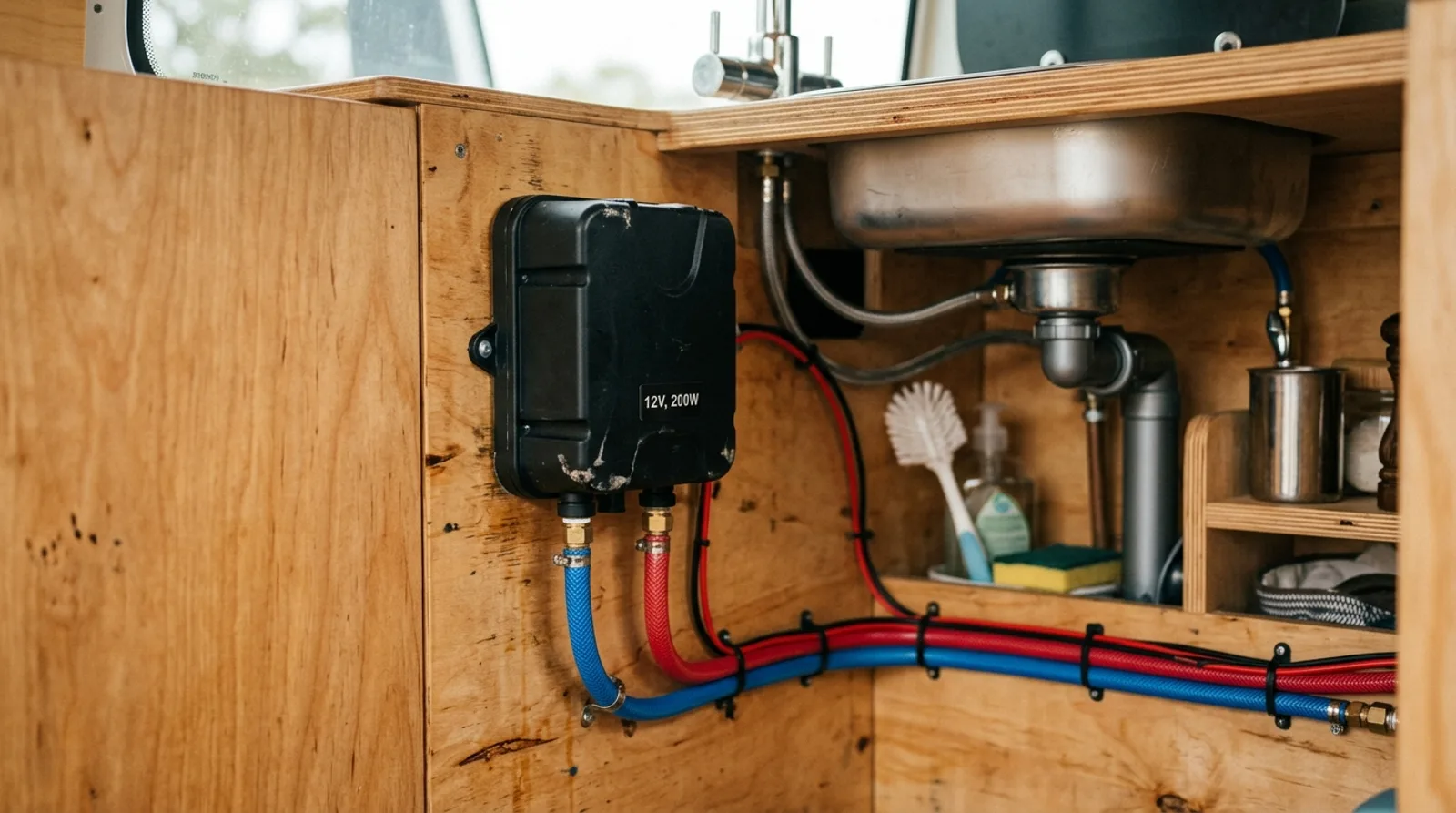 Kompaktowy bojler 12V zamontowany pod zlewem w zabudowie kampera, z przewodami wody i instalacją 12V