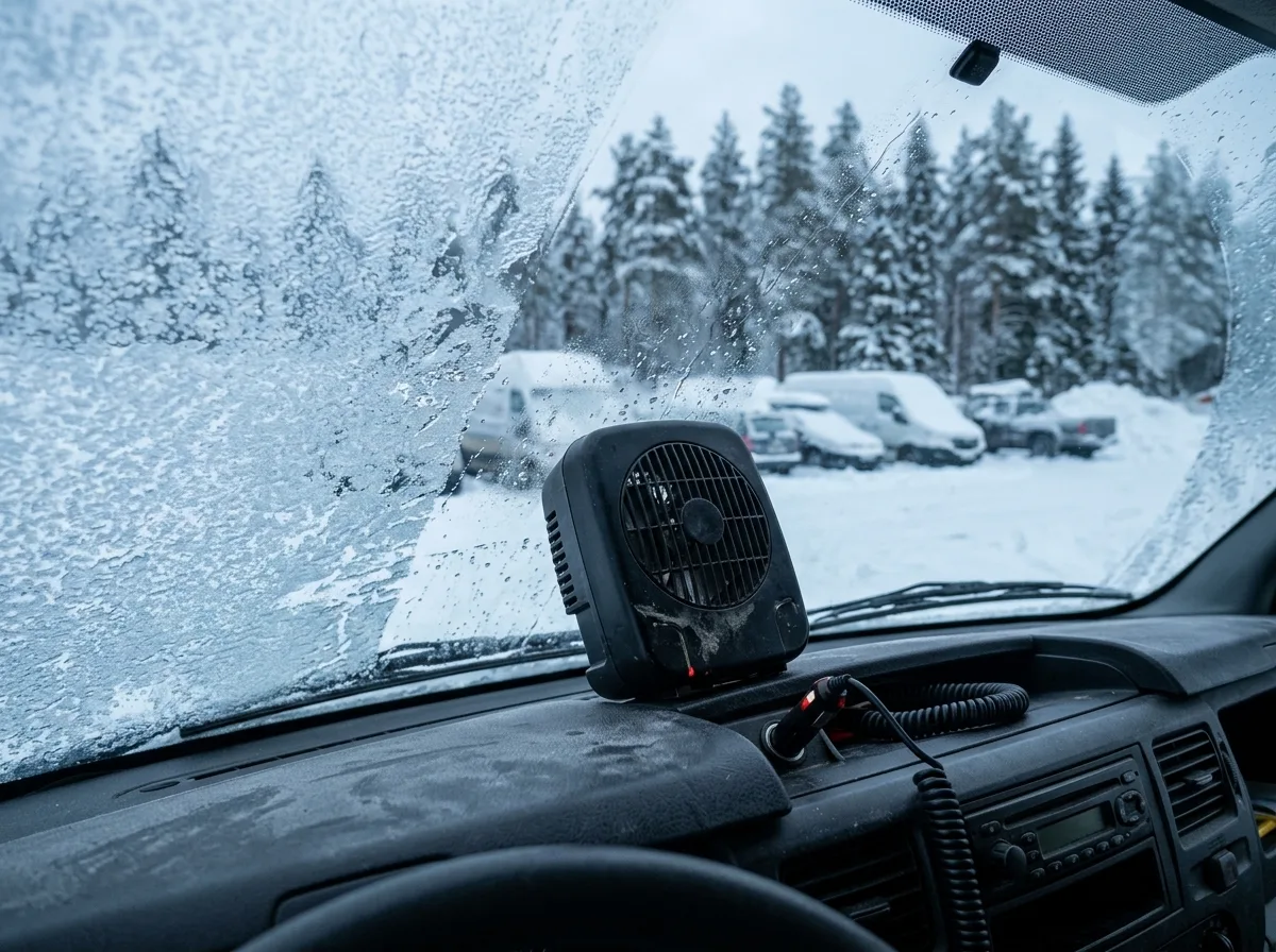 Termowentylator 12V wpięty w gniazdo zapalniczki na desce rozdzielczej kampera, za szybą śnieg