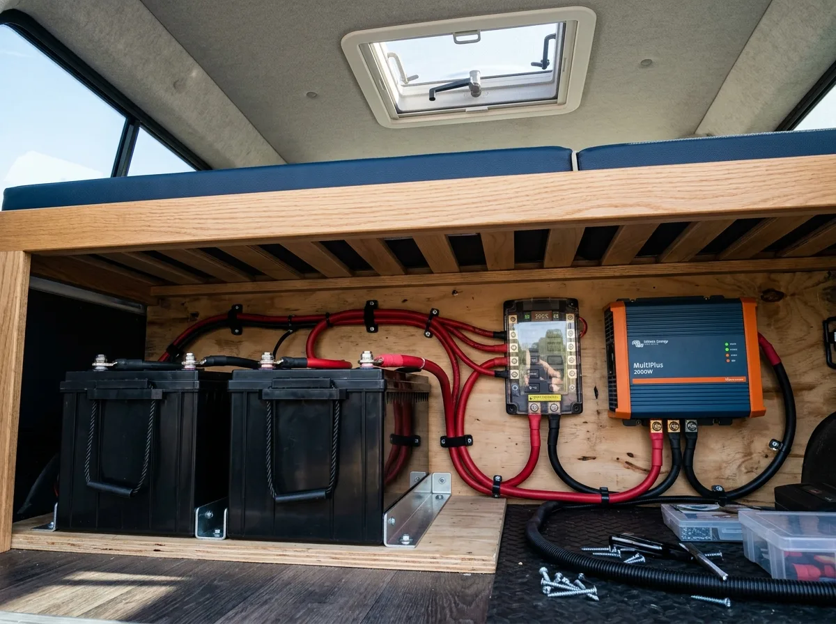 Bank baterii LiFePO4 i przetwornica pod siedziskiem w zabudowie kampera — instalacja pod klimatyzację 12V