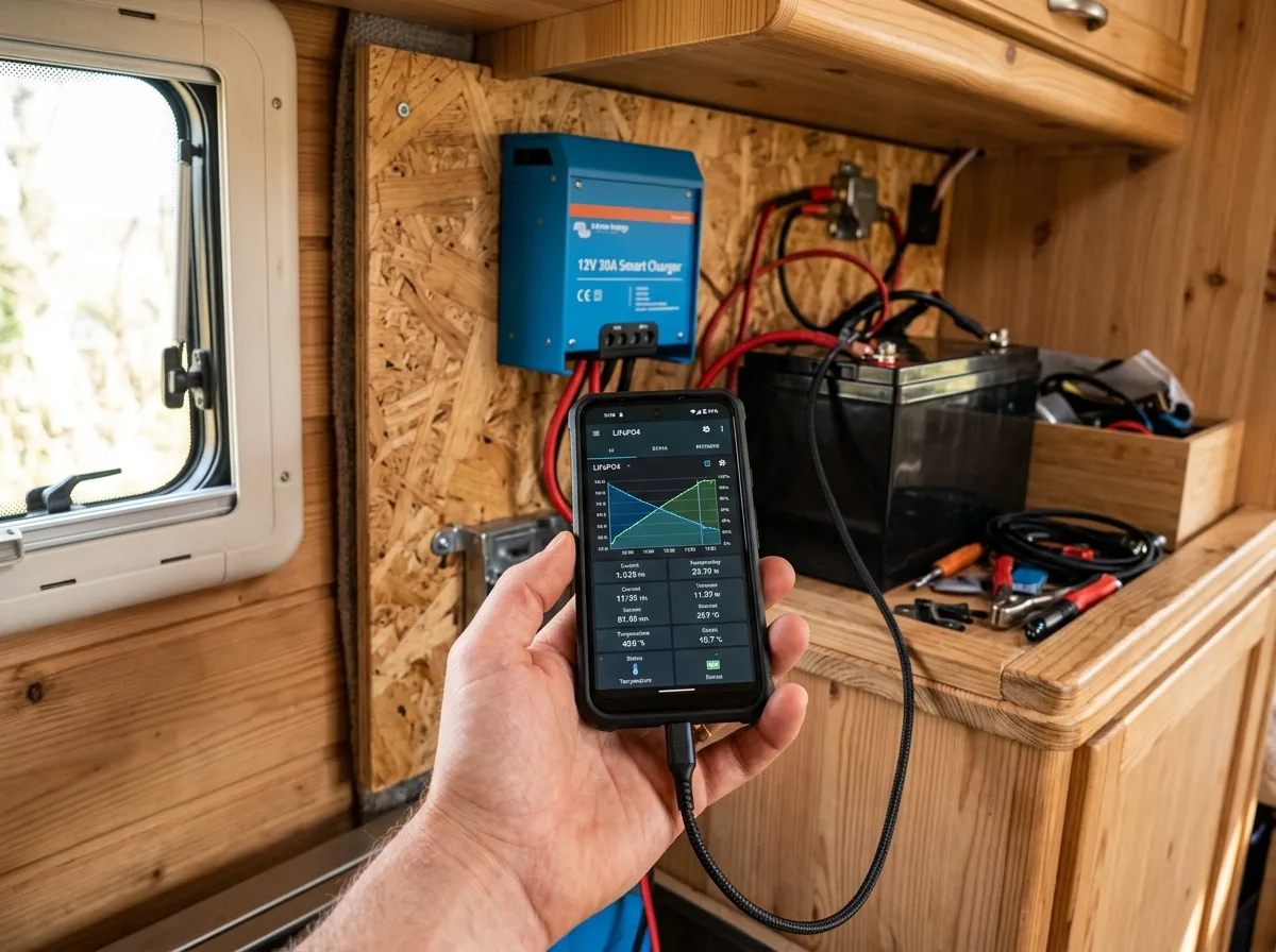 Ładowarka LiFePO4 12V z aplikacją Bluetooth pokazującą etap ładowania akumulatora w kamperze