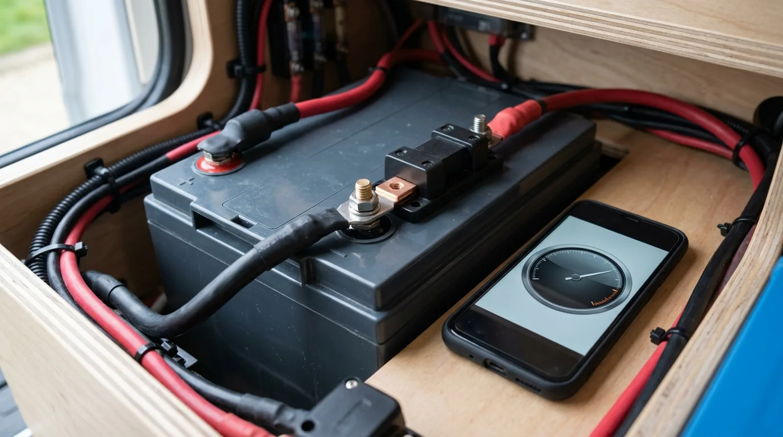 Monitor akumulatora z bocznikiem przykręcony do minusa baterii LiFePO4 w skrzynce elektrycznej kampera