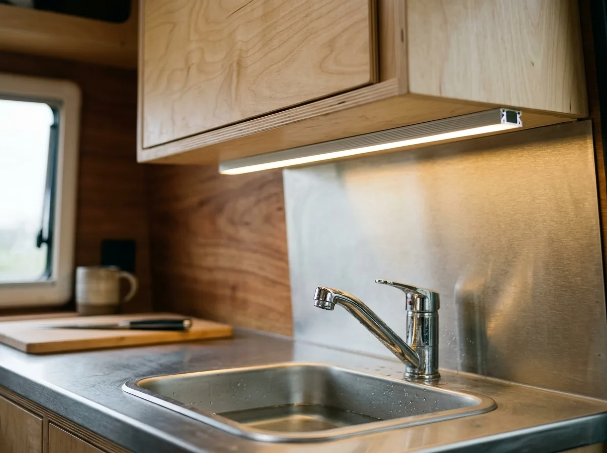 Taśma LED 12V w profilu aluminiowym zamontowana pod szafką kuchenną w kamperze