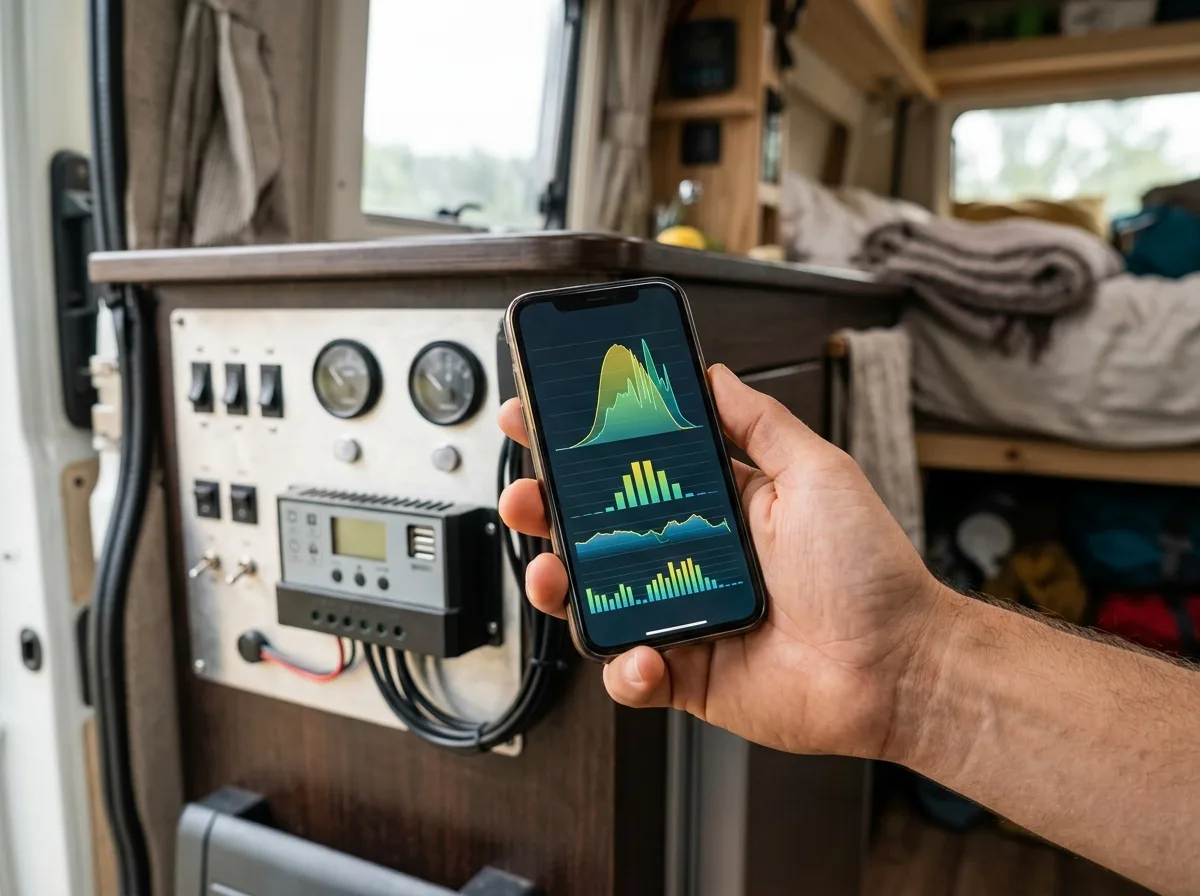 Regulator MPPT z aplikacją Bluetooth pokazującą produkcję prądu z paneli w kamperze