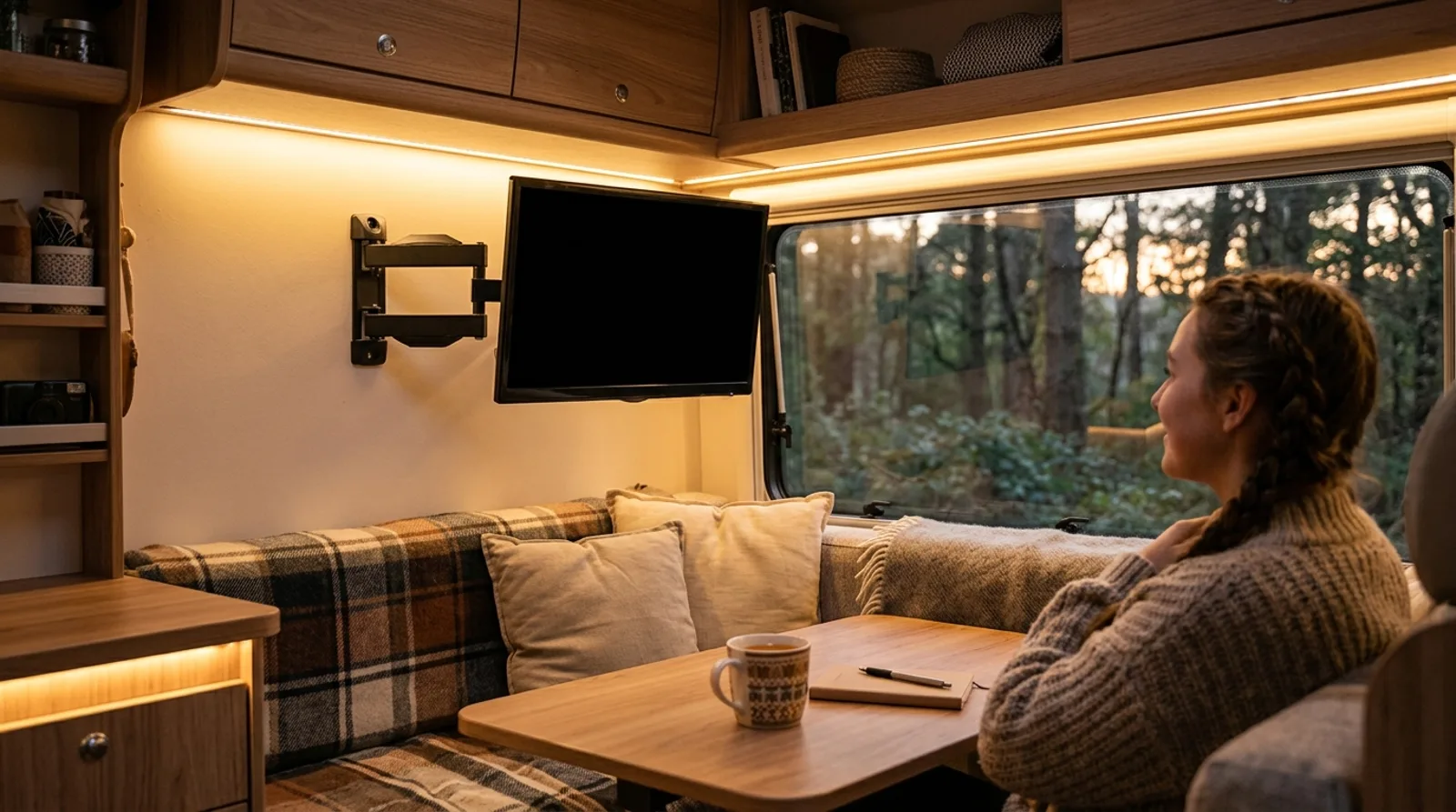 Telewizor 12V na uchwycie uchylnym nad stolikiem w kamperze, wieczorne oświetlenie LED