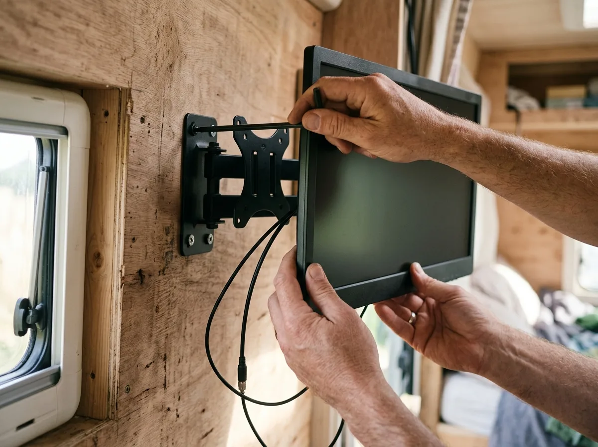 Montaż telewizora 12V w kamperze na uchwycie VESA — dokręcanie śruby, przewód zasilający i antenowy