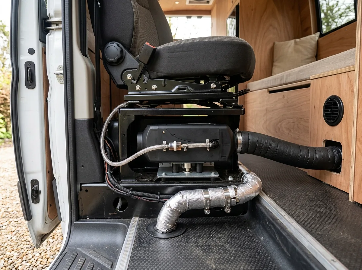 Nagrzewnica postojowa diesel zamontowana pod siedzeniem kampera z podłączonym przewodem paliwowym i rurą spalinową